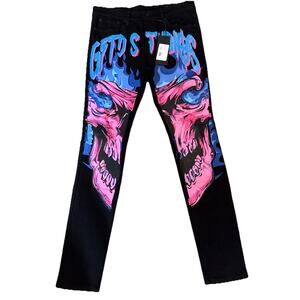 GFTD LA Black Henry Pants Black Gothic Street Wear Punk Skull Flames Size 34 NWT